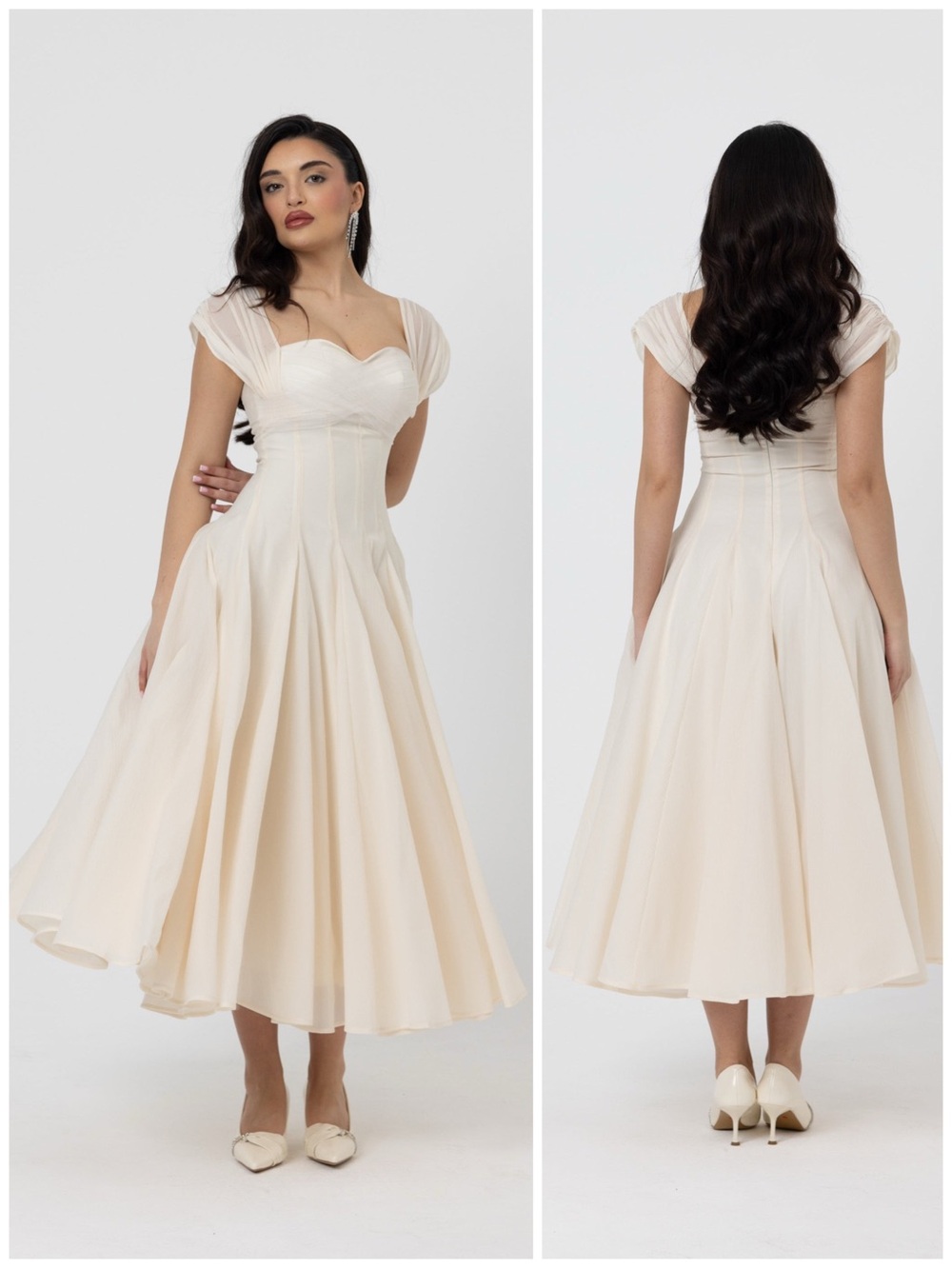 JULA BELLINA LIGHT Elegant Ivory Midi Dress with Sweetheart Neckline Size Large